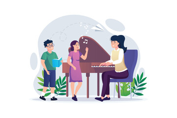 Music teacher concept with people scene in the flat cartoon style. The teacher is engaged in singing with small children, teaching them to love music. Vector illustration.