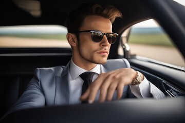 attractive businessman wearing sunglasses sitting in car