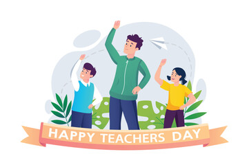 Morning exercise concept with people scene in the flat cartoon style. A physical education teacher accustoms young students to sports. Vector illustration.