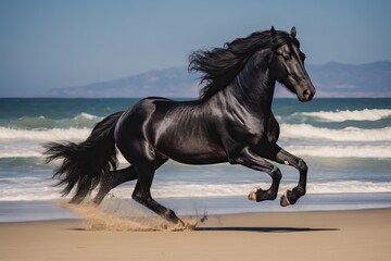 Black Horse Galloping on Sandy Seashore - Speed and Freedom