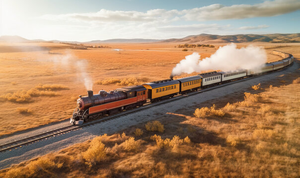 Vintage Steam Locomotive on Sun-Scorched Prairies - Photorealistic Image