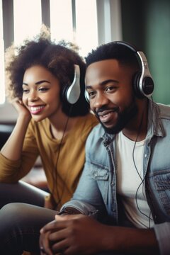 Portrait Of A Young Man And Woman Listening To Music Together At Home