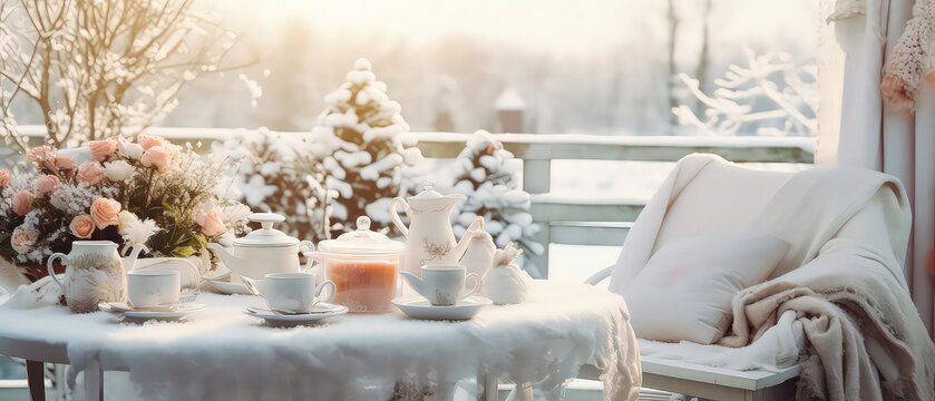 Winter frozen morning on the patio, backyard with snowy trees, furniture, candles, lamp garland.served dinner table. Christmas, New Years holidays. Outdoors vacation. Exterior Design.Generative ai