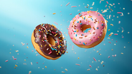 Two Colorful Donuts on a Vibrant Blue Background, Perfect for Sweet Cravings and Dessert Lovers