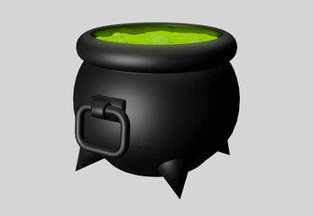 3D illustration black cauldron with magic potion boiling