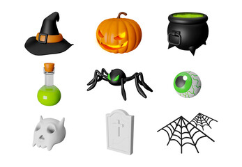 3D illustration icons set for a Halloween holiday isolated on transparent background