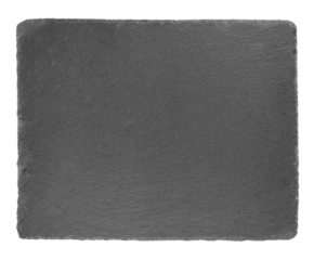 "The photo features a stone kitchen cutting board. The board is a dark gray color with irregular edges. The entire setup is isolated against a background