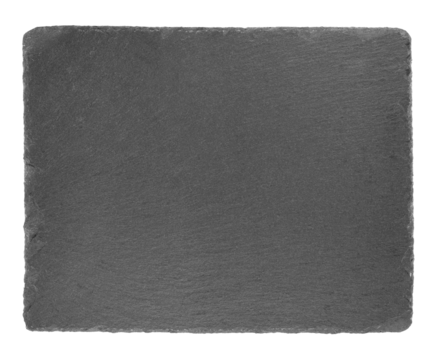 "The photo features a stone kitchen cutting board. The board is a dark gray color with irregular edges. The entire setup is isolated against a background