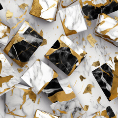 Obraz premium marmurowe białe czarne złote bryły na marmurowym podłożu - tapeta - marble white black gold solids on a marble base - wallpaper - AI Generated
