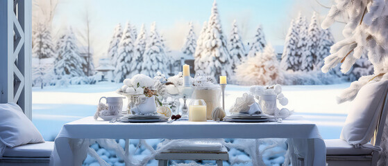 Winter frozen morning on the patio, backyard with snowy trees, furniture, candles, lamp garland.served dinner table. Christmas, New Years holidays. Outdoors vacation. Exterior Design.Generative ai