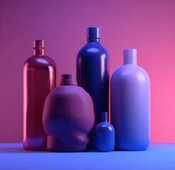 Obraz na płótnie Canvas matowe niebieskie fioletowe szklane butelki na różowym tle - matt blue violet glass bottles on a pink background - AI Generated