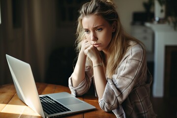 young woman stressing using a laptop at home