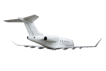 White modern corporate jet plane flies isolated