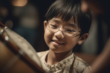 Asian smiling school-age boy child engaging in a music lesson, playing the drums, musical...