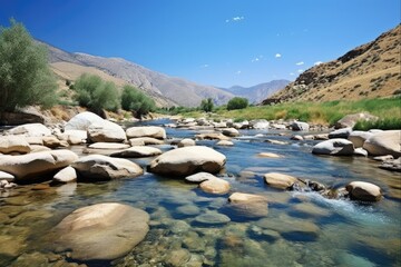 Fototapeta na wymiar Landscape of Kern River and Cow Flat Creek in California. Boulder-strewn River Flowing through Stunning Scenery