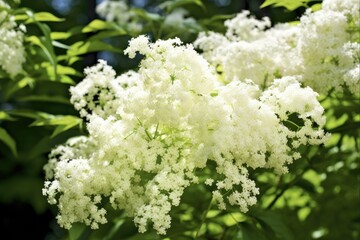 Elder Flower Cluster in Lush Green Bush - Beautiful Blooms of Sambucus Nigra on White Background, Nature's Gift