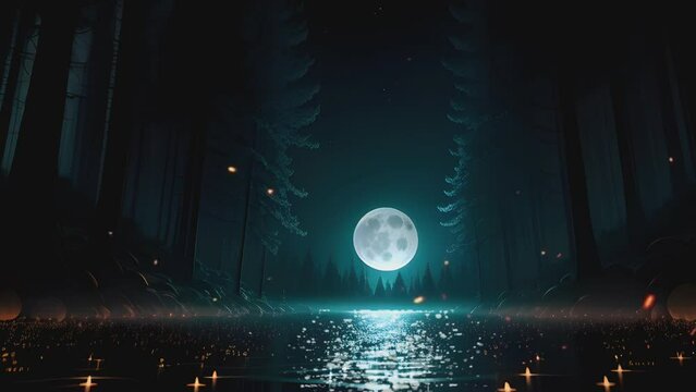 night landscape with super moon, dark forest,  stars and water reflection. Cartoon or anime illustration style. seamless looping 4K time-lapse virtual video animation background.