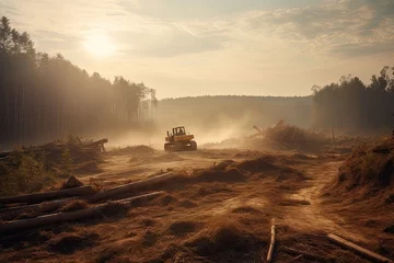 Fotobehang Deforestation, forest being clear-cut with logging machinery. Negative impact on forests, biodiversity loss, habitat destruction, environmental degradation caused by deforestation. AI Generative. © Regina