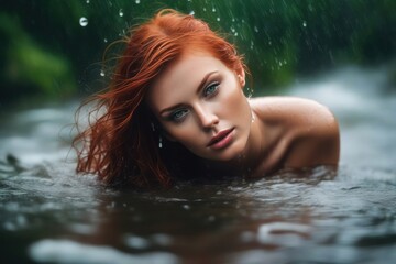 Fototapeta premium Portrait of beautiful sexy redhead green eyes wet woman like a mermaid in the water on the rain. Generative AI
