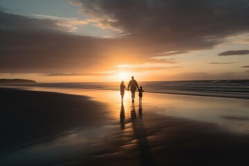 Fototapeta na wymiar A father and daughter holding hands while walking along a sandy beach. Vastness of the ocean and the breathtaking sunset. Generative AI.