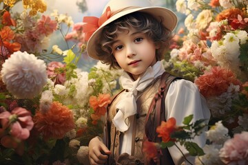 close up portrait of cute young gentleman boy wearing Regency outfit  standing in flower garden, Generative Ai