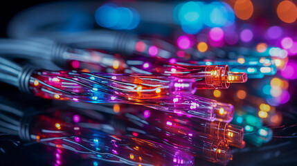 colorful fiber optics cable with bokeh in the background