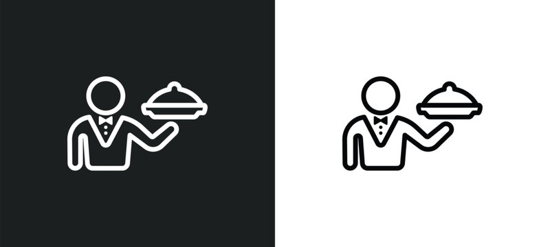 waiter with a roast chicken icon isolated in white and black colors. waiter with a roast chicken outline vector icon from food collection for web, mobile apps and ui.