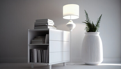 white commode with lamp and books in bright minimalism interior, white lamp on the wall, Ai generated image 