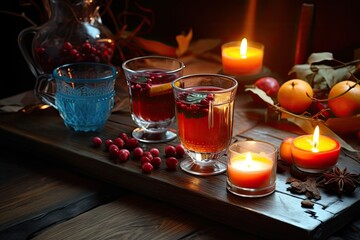 Fototapeta premium Homemade red fruit mulled wine, infused with fresh berries and warming spices, is perfect for holiday celebrations.