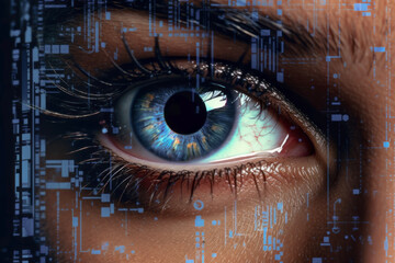 A close -up of the eyes that open the door by scanning the woman's eyes. Future concept of technology and technology.