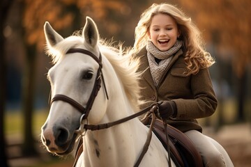 cute happy girl riding a beautiful horse