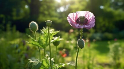 Opium poppy flower in the garden. Soft focus. Shallow depth of field.