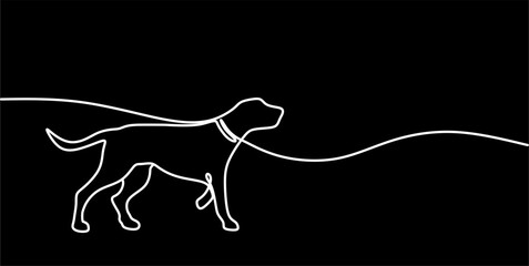 One line dog walk vector illustration	on black background