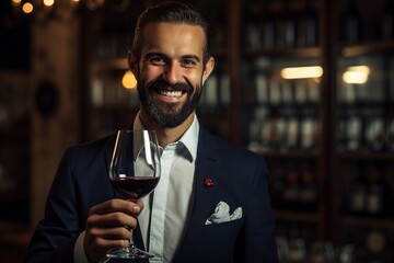passionate very happy man holding a glass of wine