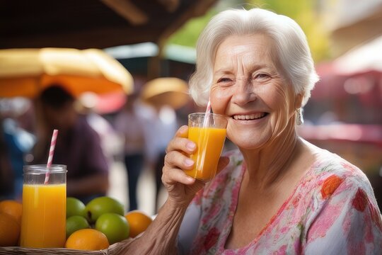 senior woman drinking orange juice at street market