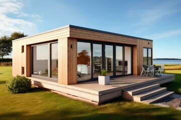 Fototapeta na wymiar timber frame tiny home modular modern house unit with panoramic large sliding doors, wooden cladding, generative AI