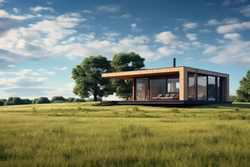 Obraz premium timber frame tiny home modular modern house unit with panoramic large sliding doors, wooden cladding, generative AI