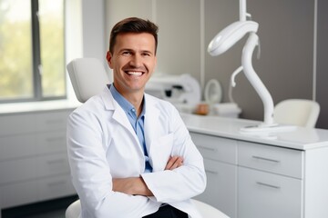 happy confident dentist in a white coat examining - obrazy, fototapety, plakaty