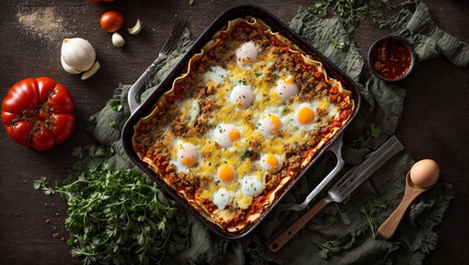 Appetizing lasagna with tomatoes, egg, herbs on an old background