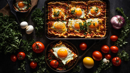 Appetizing lasagna with tomatoes, egg, herbs on an old background