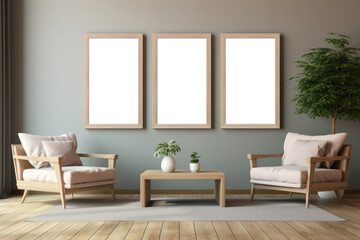 Minimalistic living room with three vertical blank frame mockups, pastel color wall. Concept interior design. Generative Ai