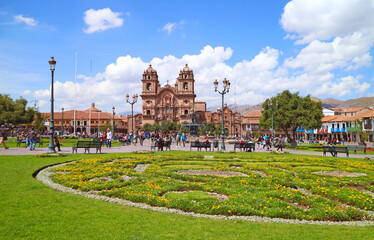 The Iglesia de la Compania de Jesus Church, One of Gorgeous Landmarks on Plaza de Armas Square, The Historic Center of Cusco, Peru, South America - obrazy, fototapety, plakaty