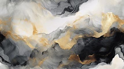 Beautiful seamless alcohol ink pattern, black ,white and gold colors. Creative abstract wallpaper of background. Digital Ai