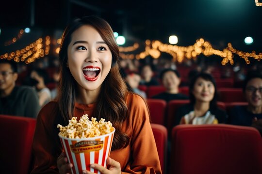 asian girl holding and eating popcorn at the cinema