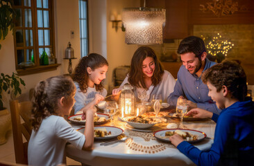 Happy family with children having dinner at home. Hanukkah day celebration