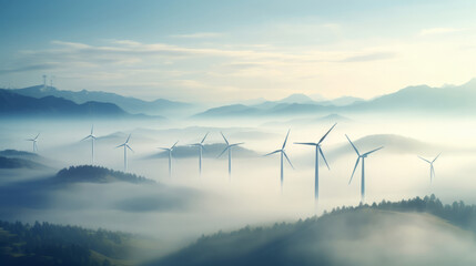 Group of wind turbines for electric power production. Windmill farm aerial view