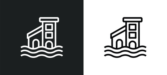 flooded home icon isolated in white and black colors. flooded home outline vector icon from meteorology collection for web, mobile apps and ui.