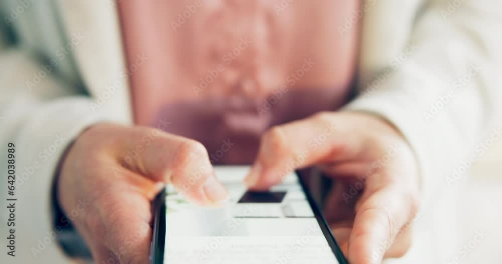 Poster Website, phone screen and hands, menu and search online, zooming in on web page with UX and mobile app. Technology, UI and person scroll internet with browsing catalog, smartphone with connectivity