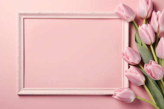 pink picture frame with fresh tulip flowers on a pastel pink background, spring card with copy space