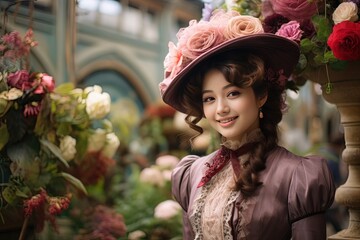 close up portrait of cute young pretty woman wearing 18th century Regency pink outfit standing in flower blossom garden, Generative Ai
